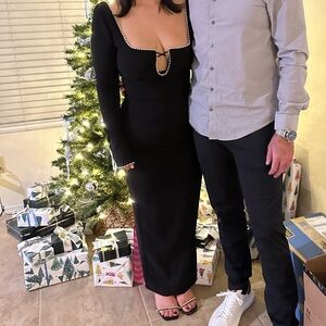 Chic Black Long Sleeve Dress with Pearl Accents